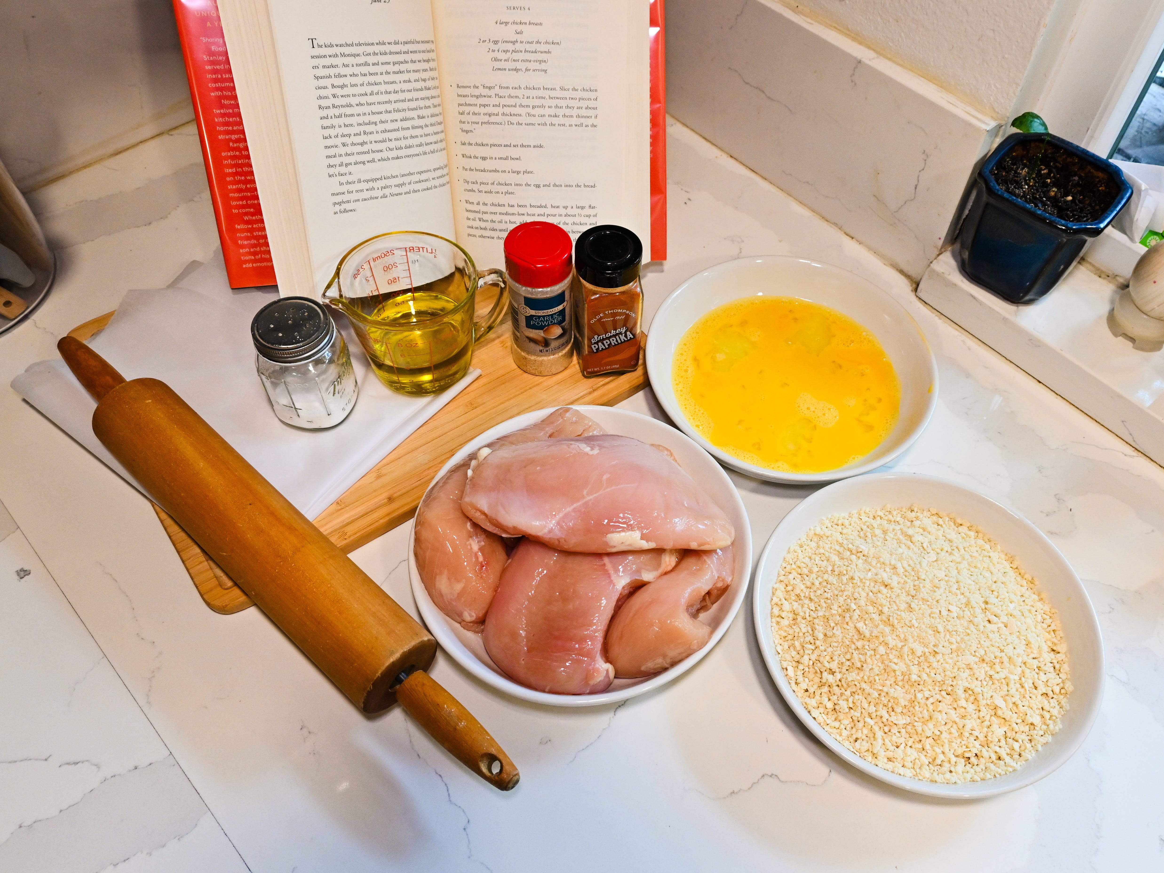 The recipe ingredients, including chicken breasts, panko, olive oil, whisked eggs, salt, and seasonings organized on the writer's kitchen counter. Stanley Tucci's book, a rolling pin, parchment paper, and a cutting board are also in frame.