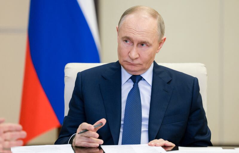 Russian President Vladimir Putin holds a meeting of the Council for Strategic Development and National Projects at the Novo-Ogaryovo state residence outside Moscow on June 6, 2025.