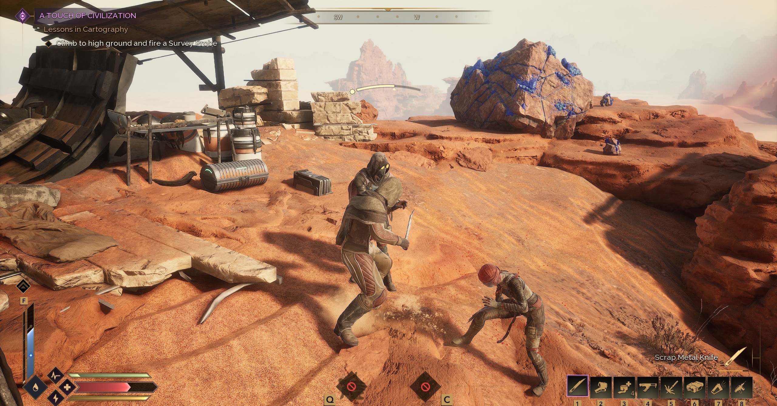 A Dune Awakening player in a knife fight with two scavengers