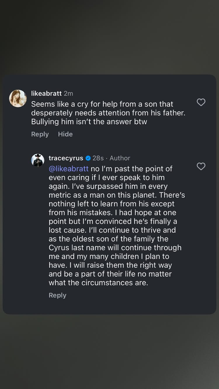 An Instagram exchange on Trace Cyrus' account. 