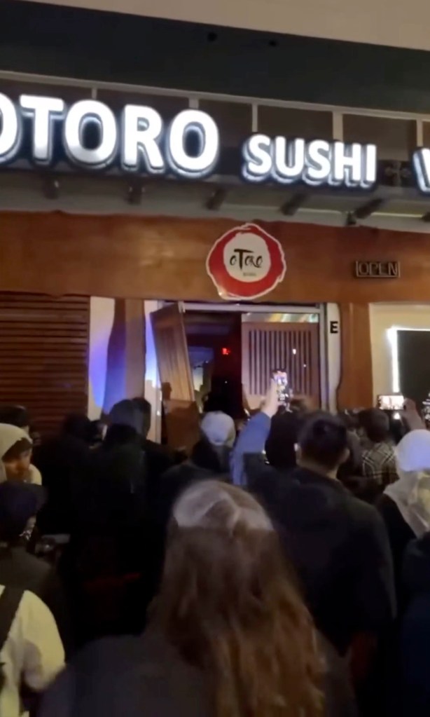 Looters breaking into Ootoro Sushi restaurant during a protest.