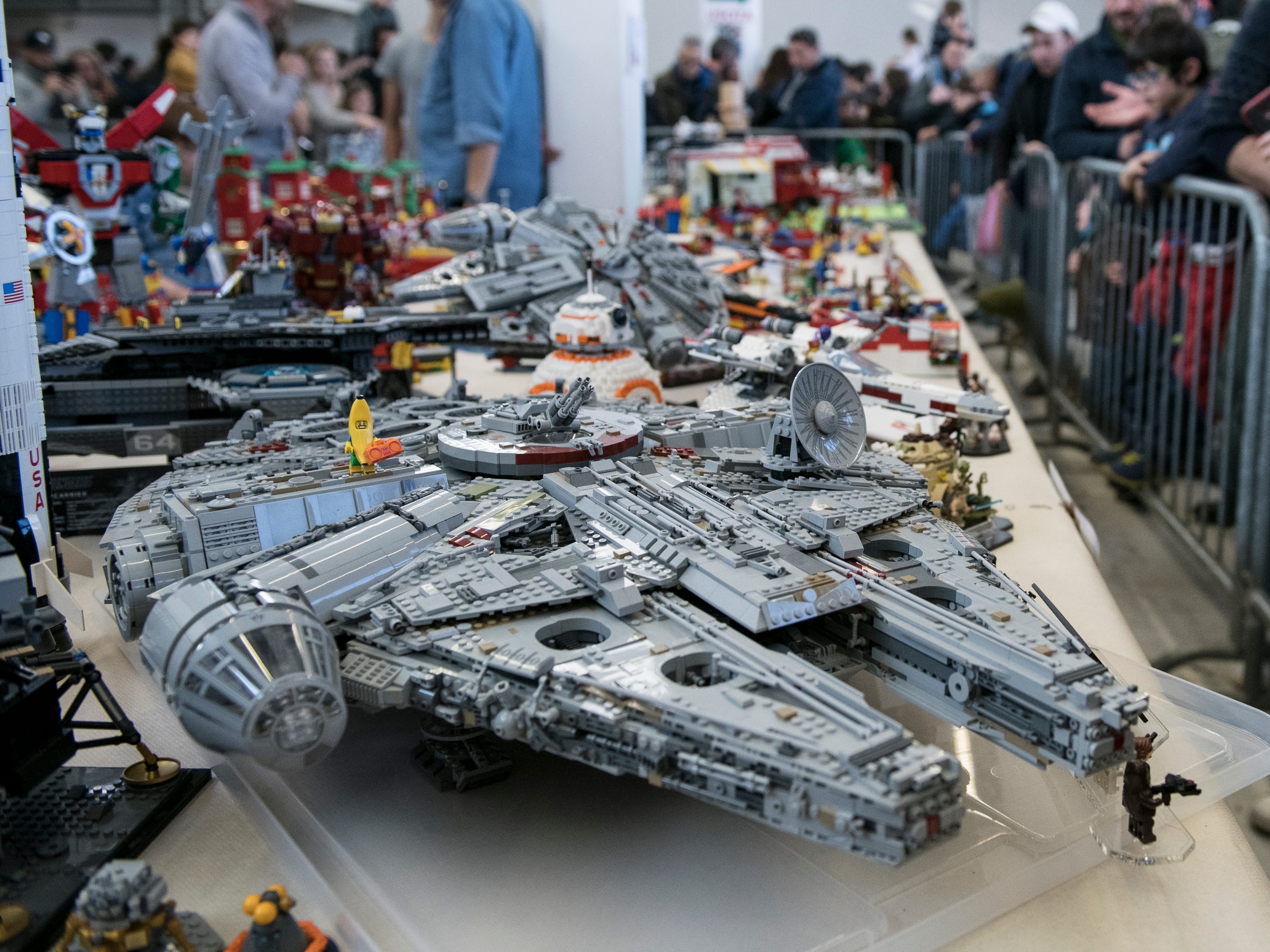An image of a Lego model of the Millennium Falcon spaceship from "Star Wars."