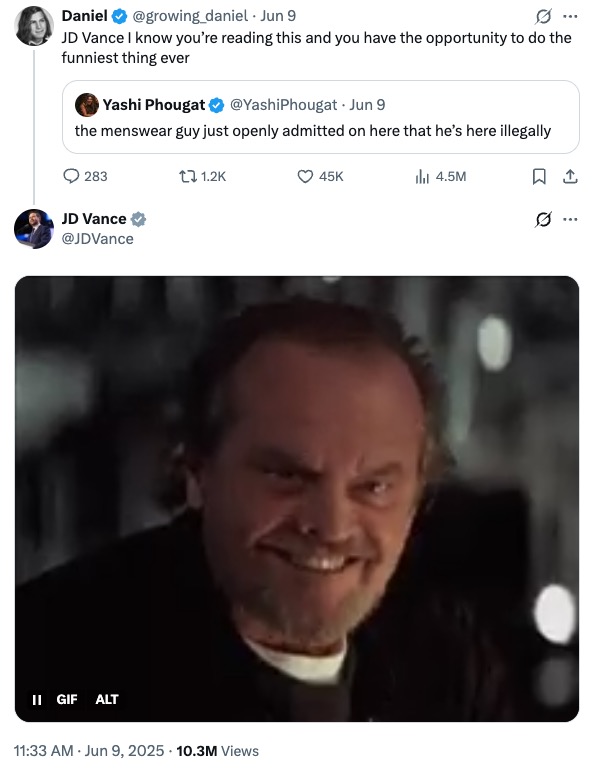 GIF of Jack Nicholson smirking, in response to a tweet about a fashion critic who mocked Trump's clothes revealing he is undocumented.