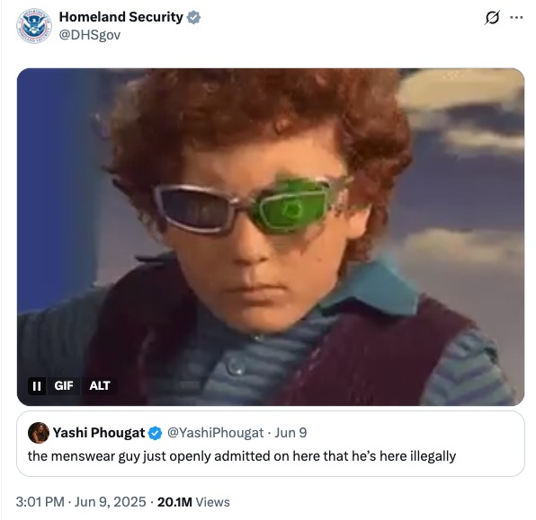 GIF of a boy wearing futuristic glasses; a tweet from the Department of Homeland Security responding to a fashion critic revealing he is undocumented.