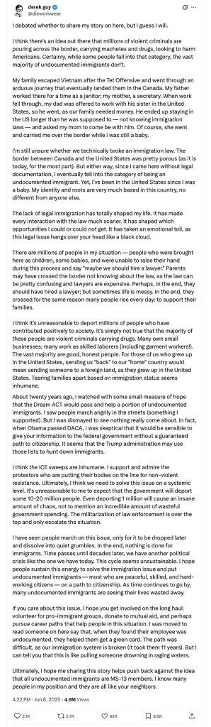 Screenshot of a Twitter thread where an undocumented immigrant shares his story.