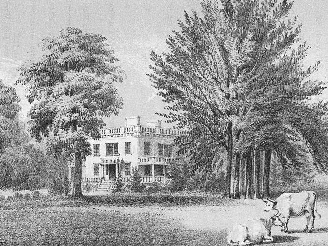An etching of Alexander Hamilton's home from 1869.