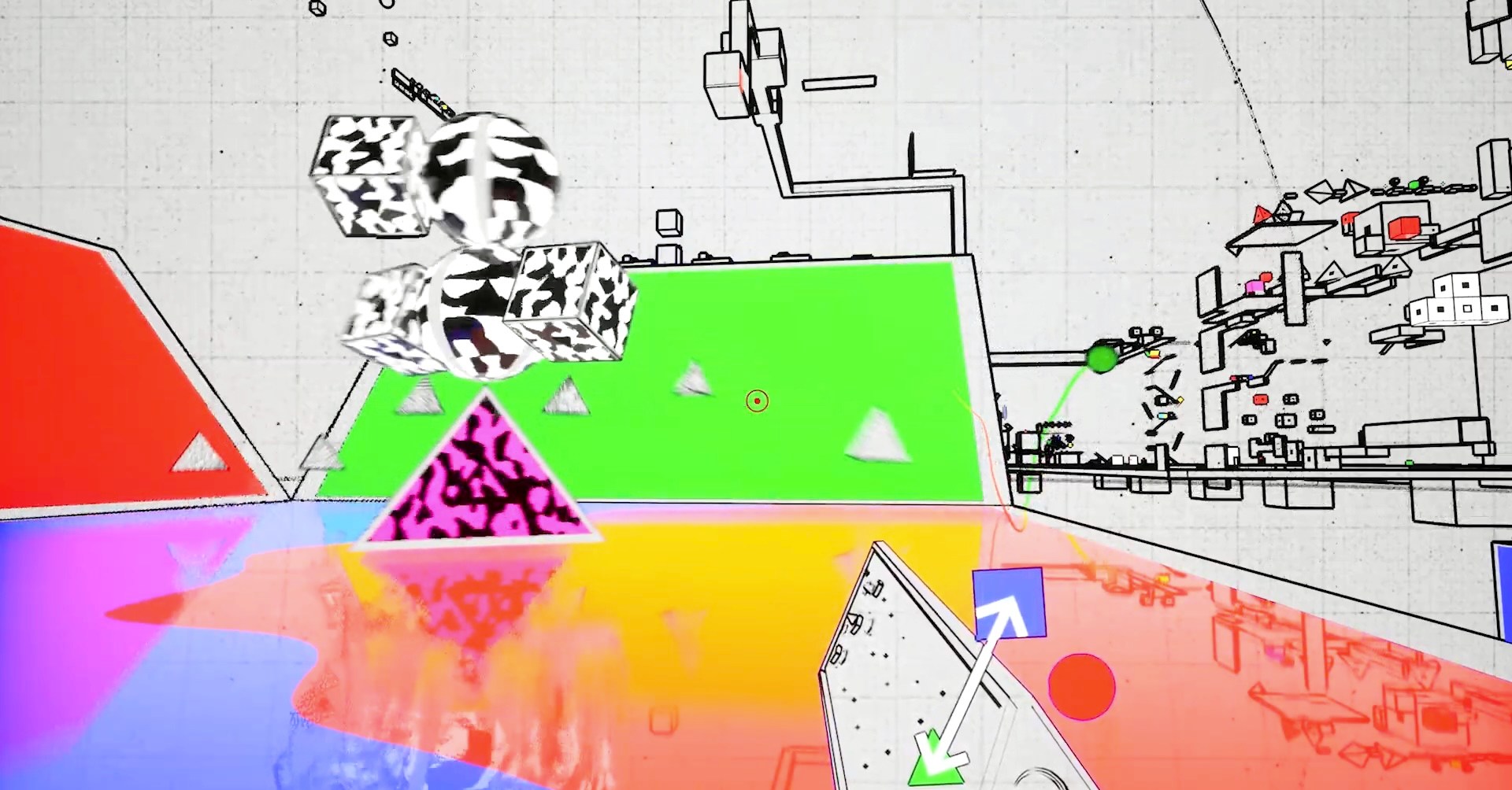 A black and white graphic line gun navigates a loopy geometrical environment in Art Is Rifle