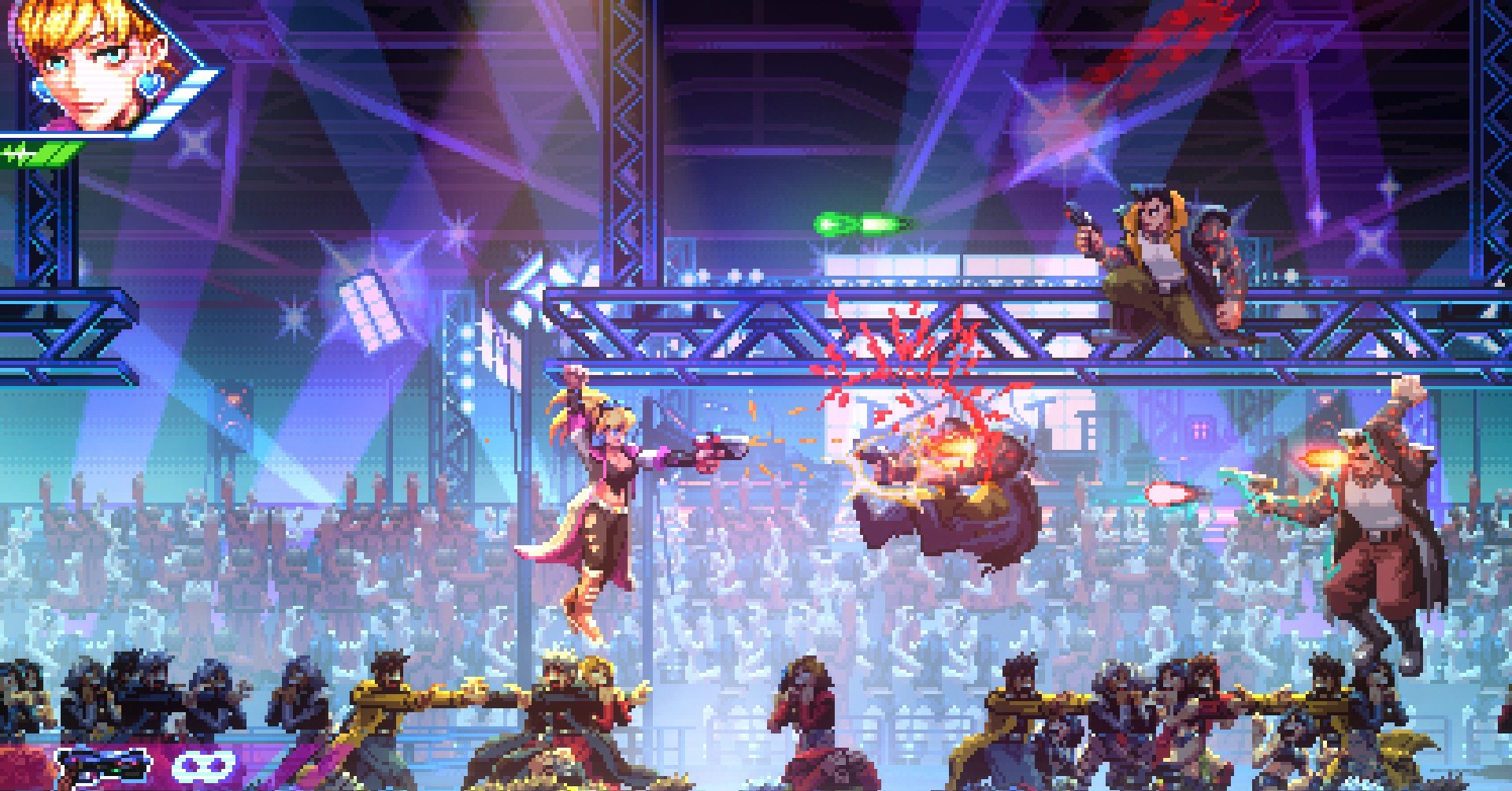 A blonde-haired assassin fires her gun into a goon while hanging from the scaffolding at a concert venue in Neon Inferno