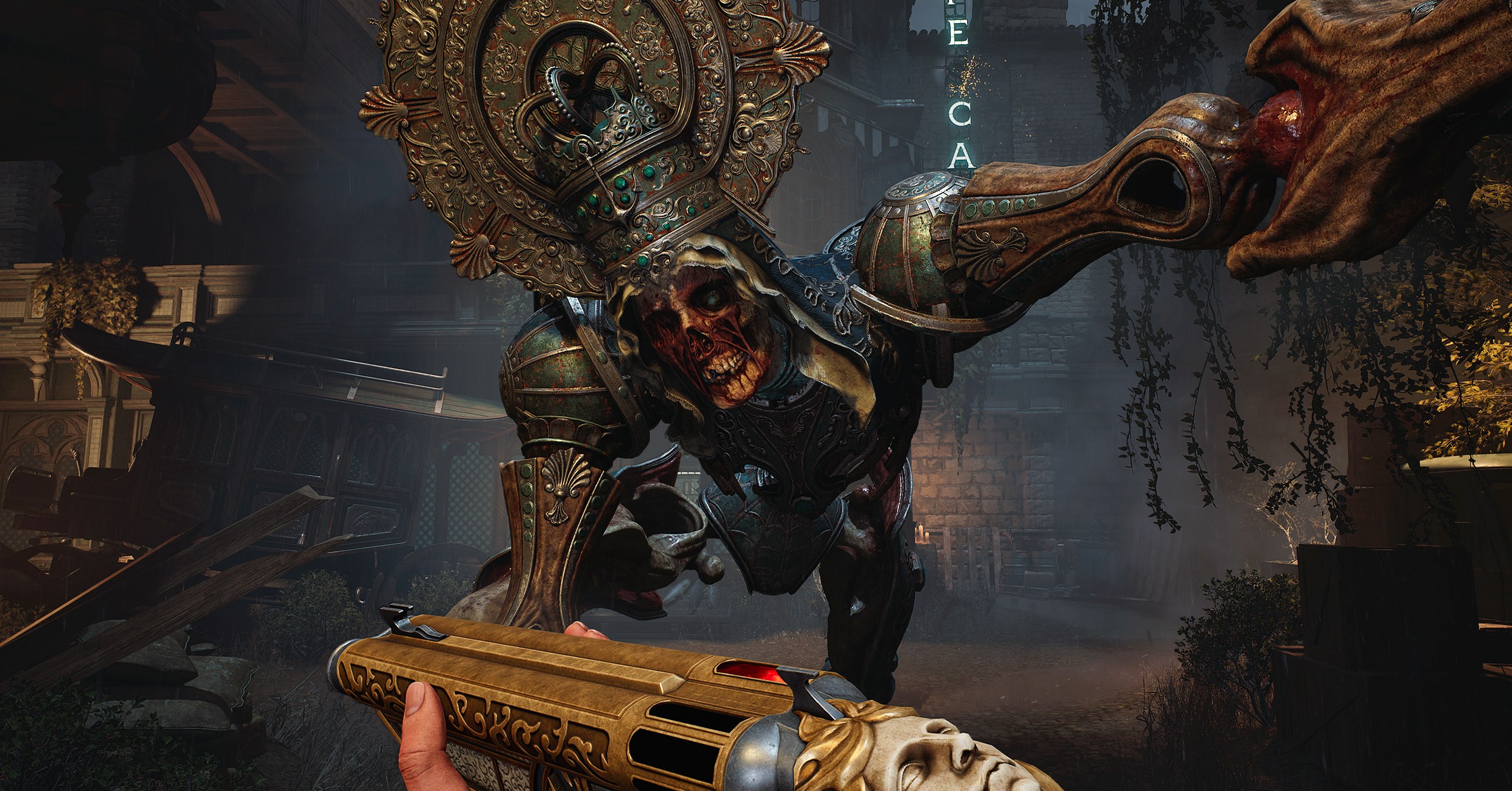 An undead king in ornate crown attacks the first-person shooter character as they reload their blood gun in Crisol