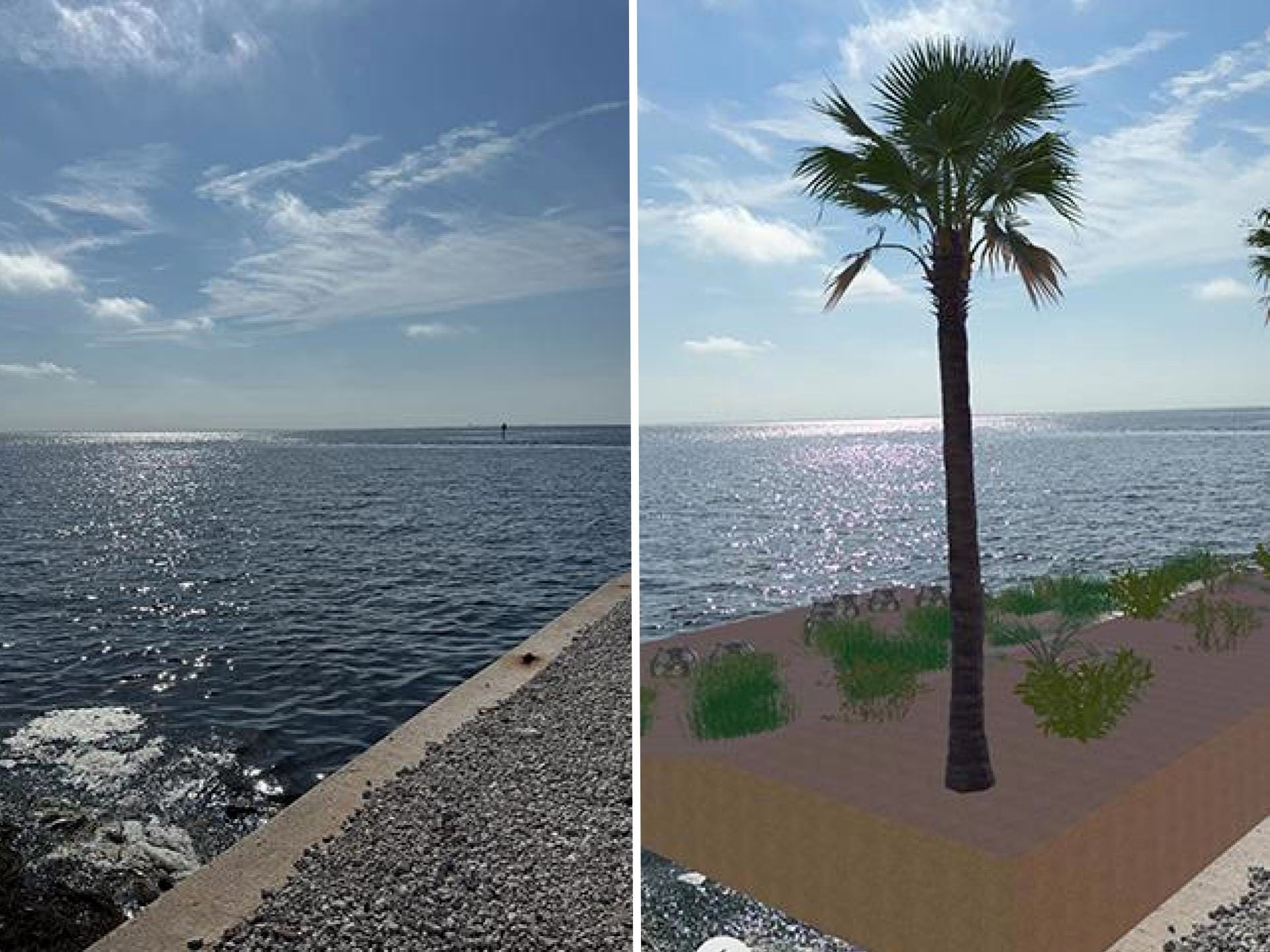 Side-by-side AR visual of an erosion-resistant living shoreline (bioswale) using natural materials instead of concrete bulkheads, next to the original photo.