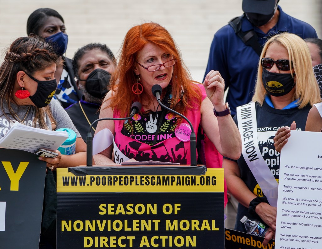 Jodie Evans of Code Pink speaking at the Women's Moral Monday March on Washington.