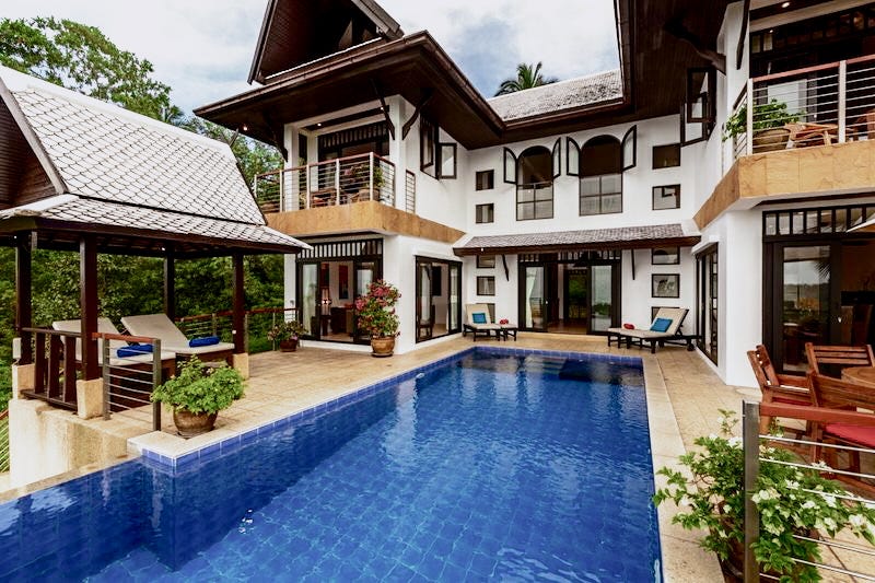The front view of a villa in the mountains in Koh Samui, Thailand.
