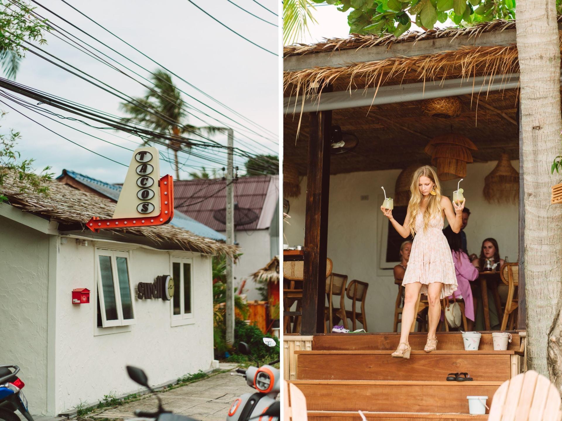 A composite image of a taco sign outside a beachfront taco restaurant in Koh Samui, Thailand, and of a woman walking down the stairs holding two drinks in her hand.