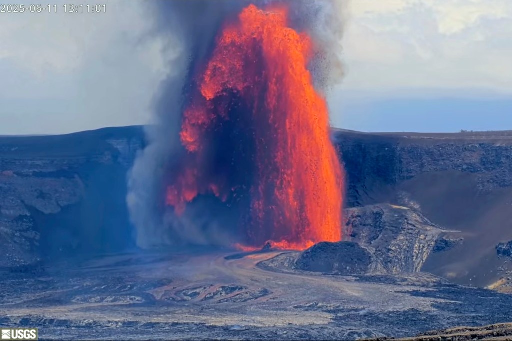 Lava fountains erupting from Kilauea volcano.