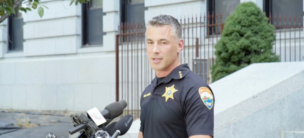 Sheriff Mike Morrison giving an update on the search for Travis Decker.