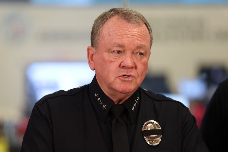 LAPD Chief Jim McDonnell speaks during a press conference at the City of Los Angeles Emergency Operations Center on June 9, 2025, in response to protests over federal immigration operations.
