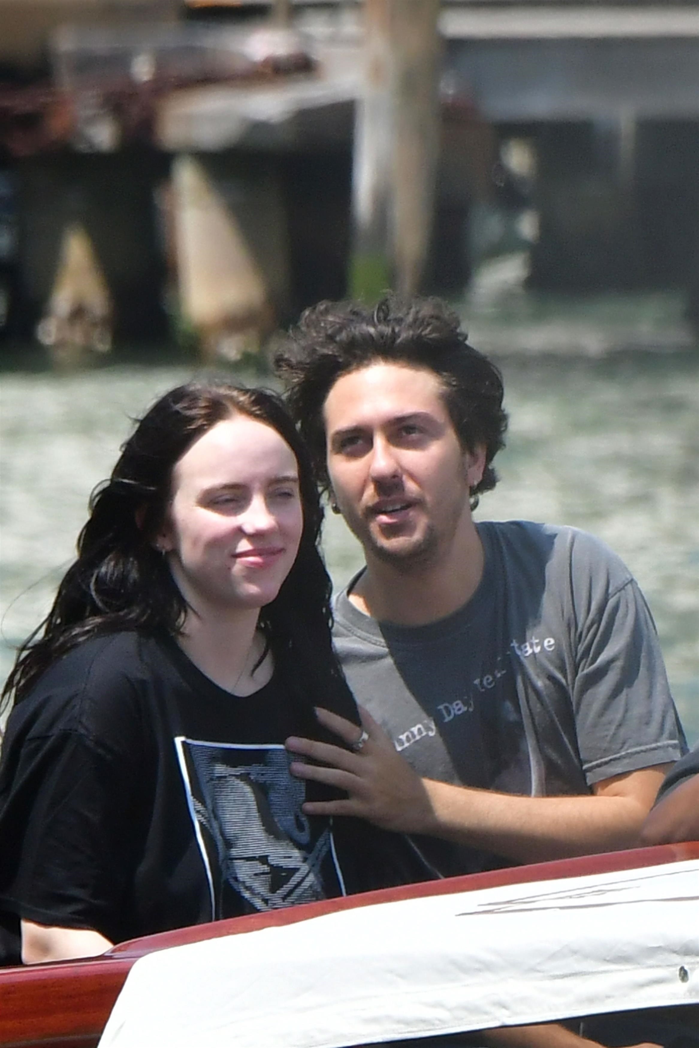Billie Eilish and Nat Wolff on a water taxi in Venice, Italy, in 2025.