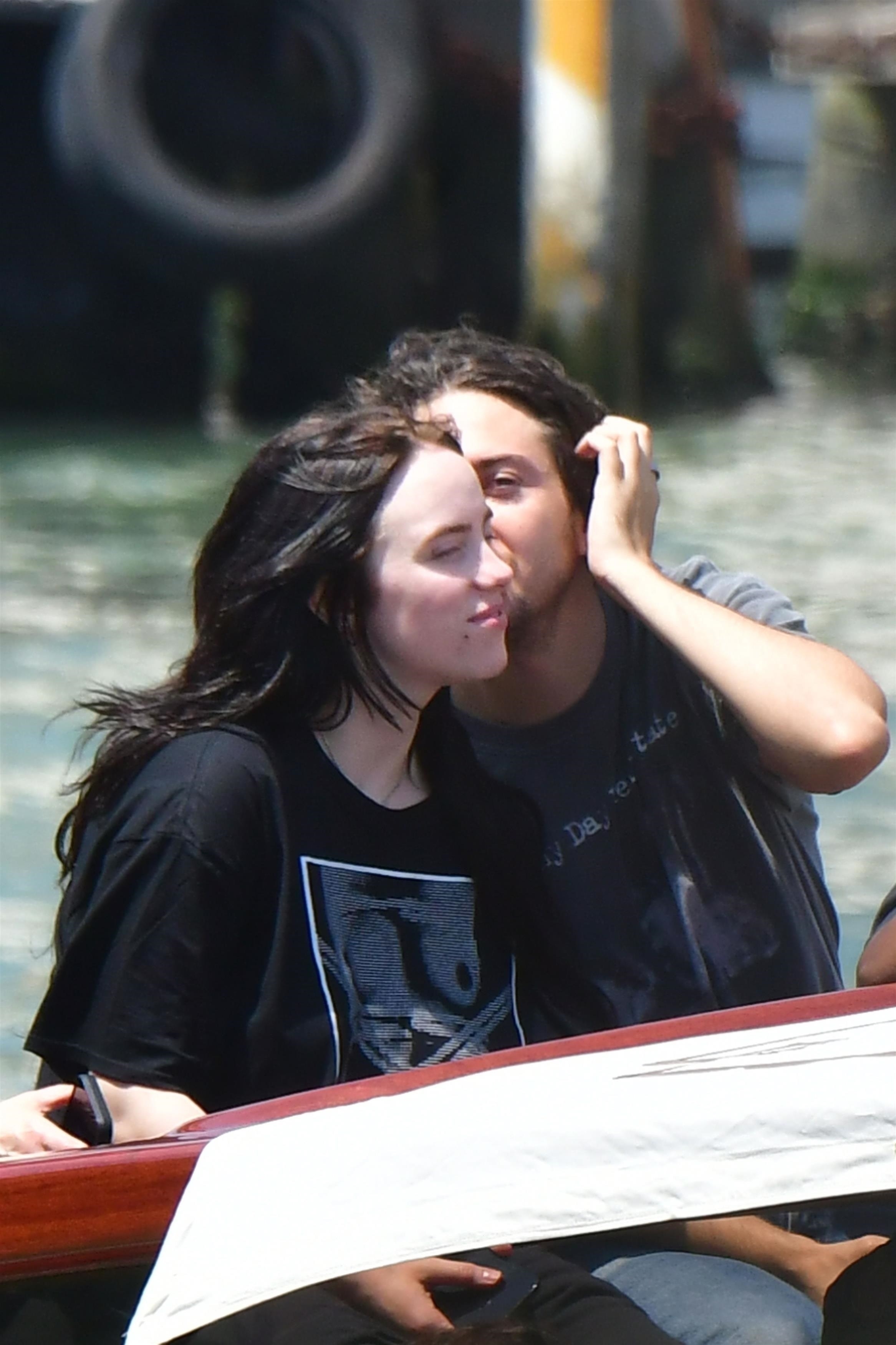 Billie Eilish and Nat Wolff on a water taxi in Venice, Italy, in 2025.