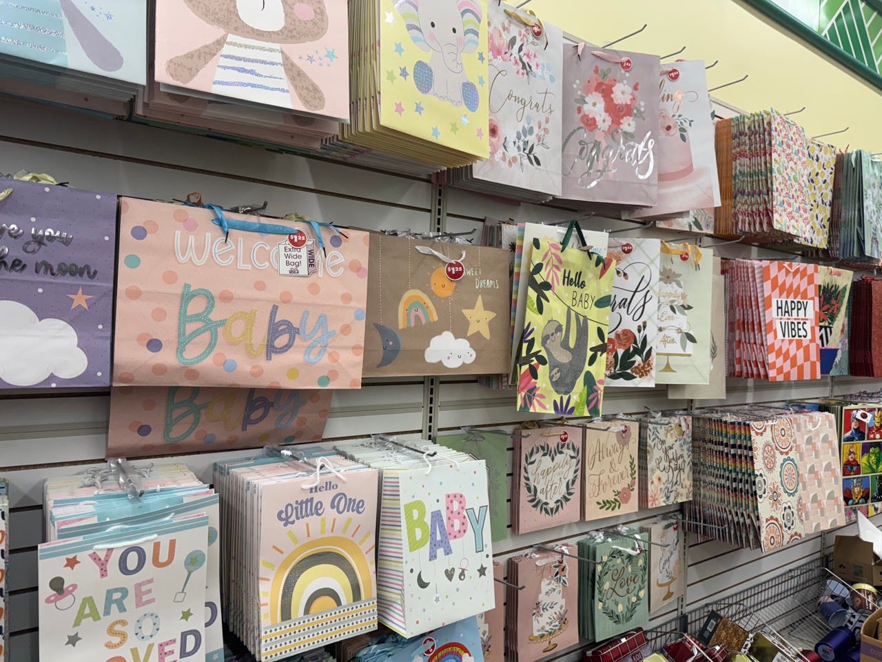 Gift bags in aisle at Dollar Tree