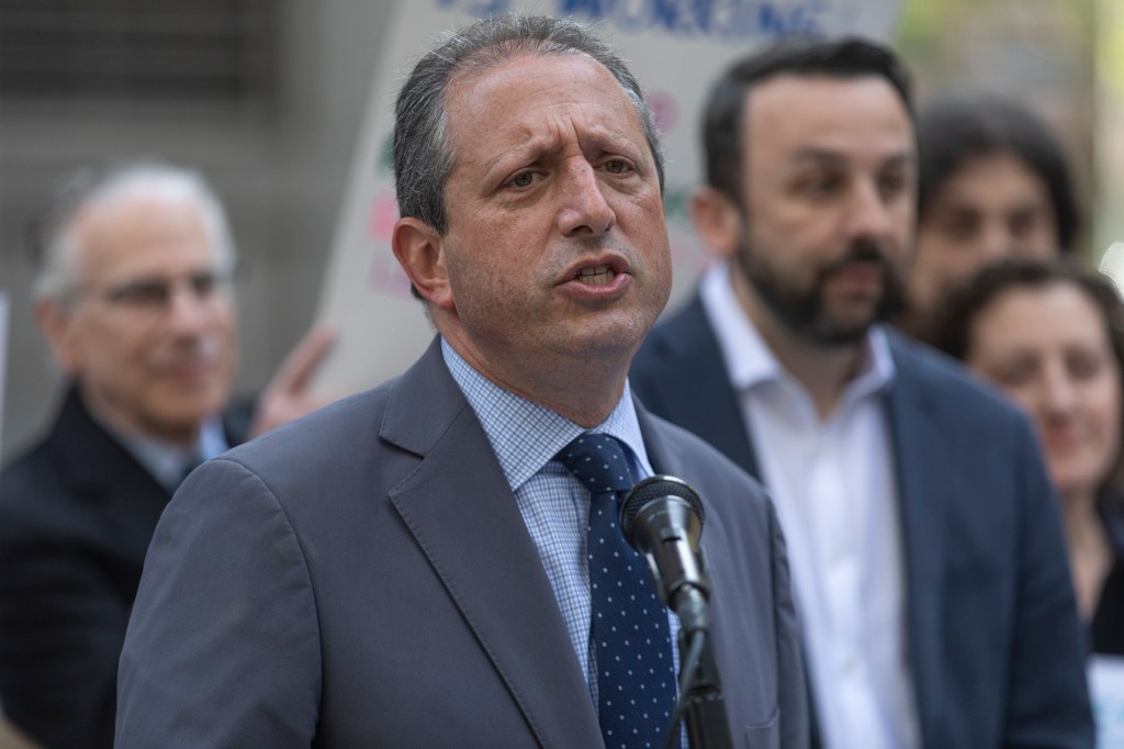 Brad Lander speaking at a press conference.
