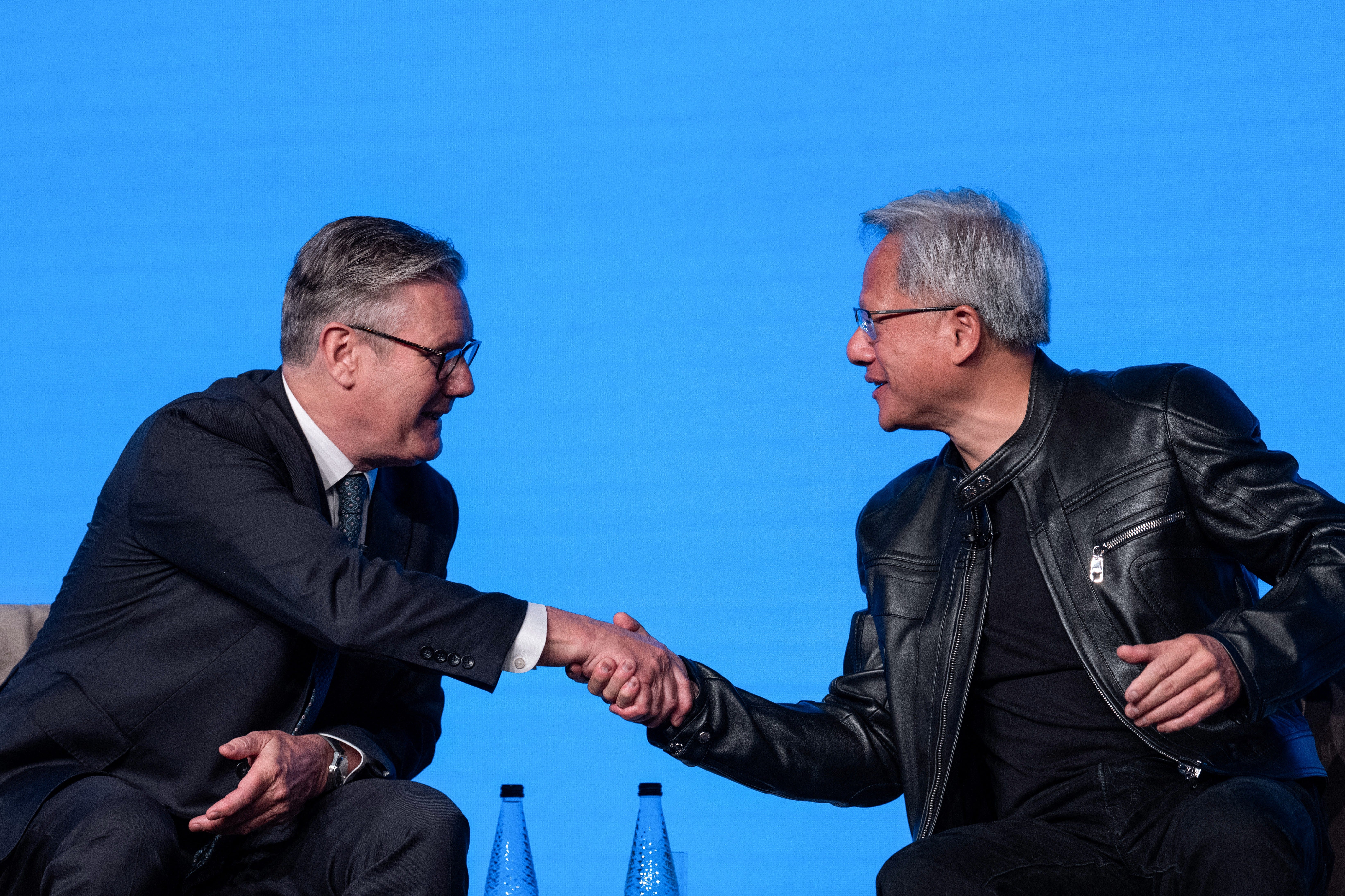 Jensen Huang shakes hands with Keir Starmer, the UK prime minister, during London Tech Week.