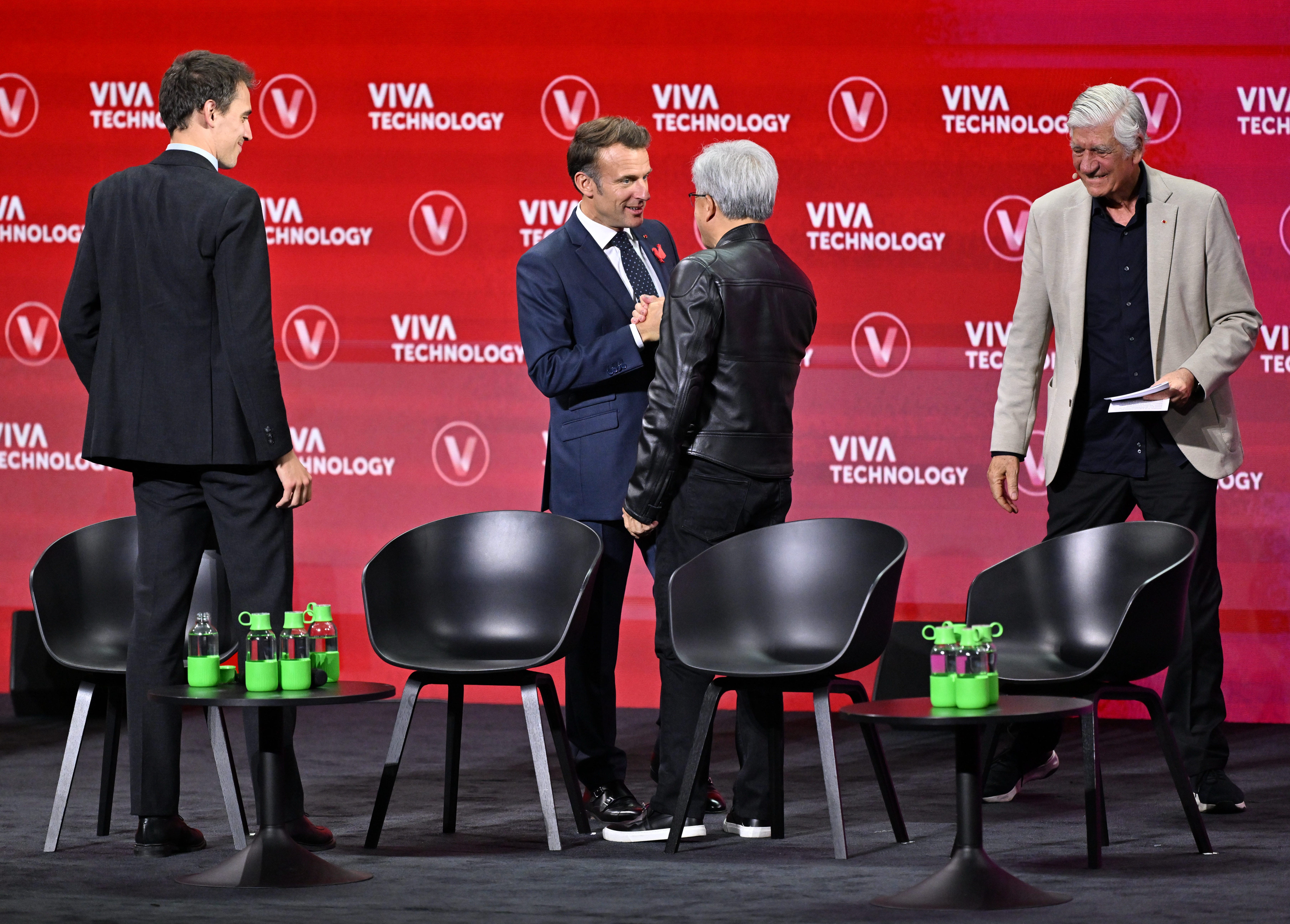 Emmanuel Macron and Jensen Huang shake hands at VivaTech.