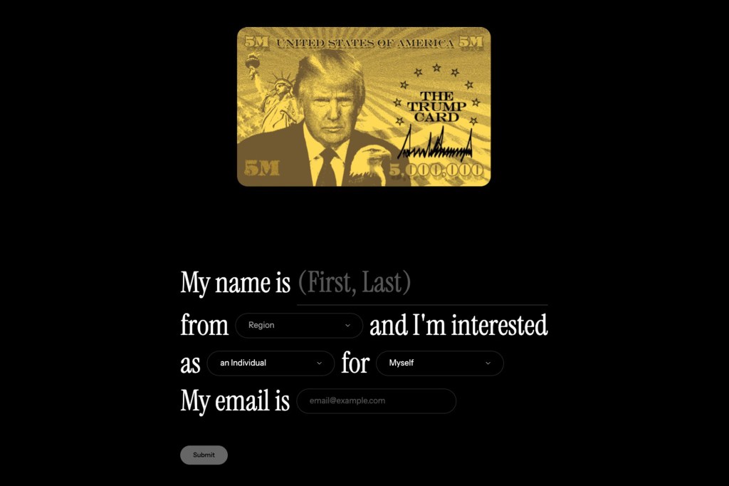 Illustration of a “Trump Card” registration form.