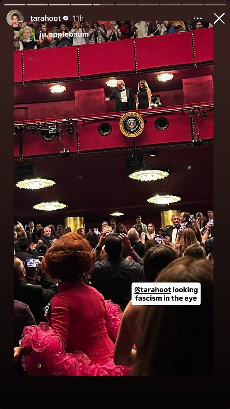 Drag queen Tara Hoot reposts an Instagram Story originally shared by Julian Applebaum.