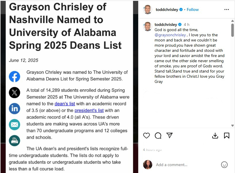 A screenshot of an Instgram post by Todd Chrisley. 