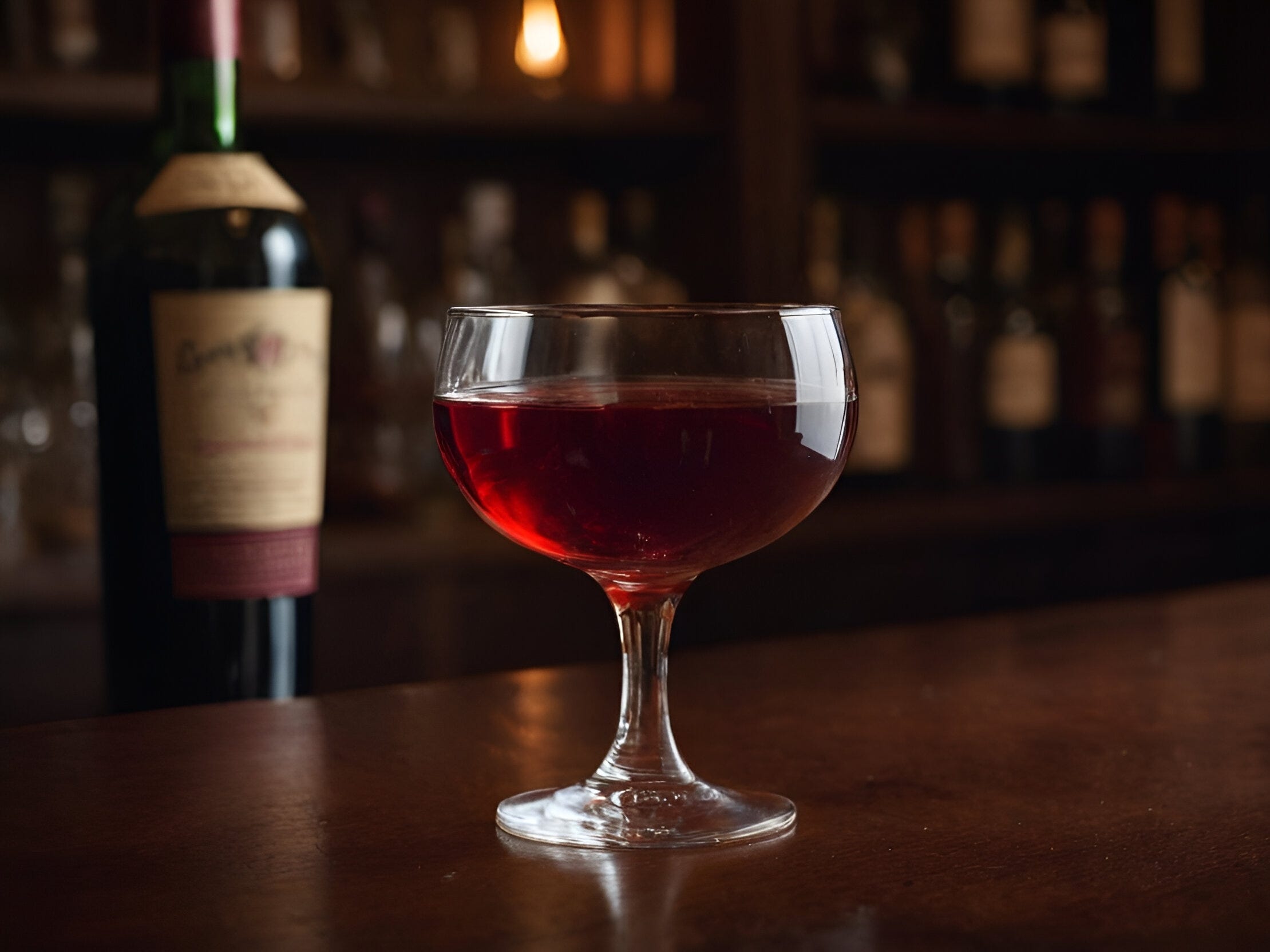 A glass of Boulevardier on a bartop with a glass of wine in the background.