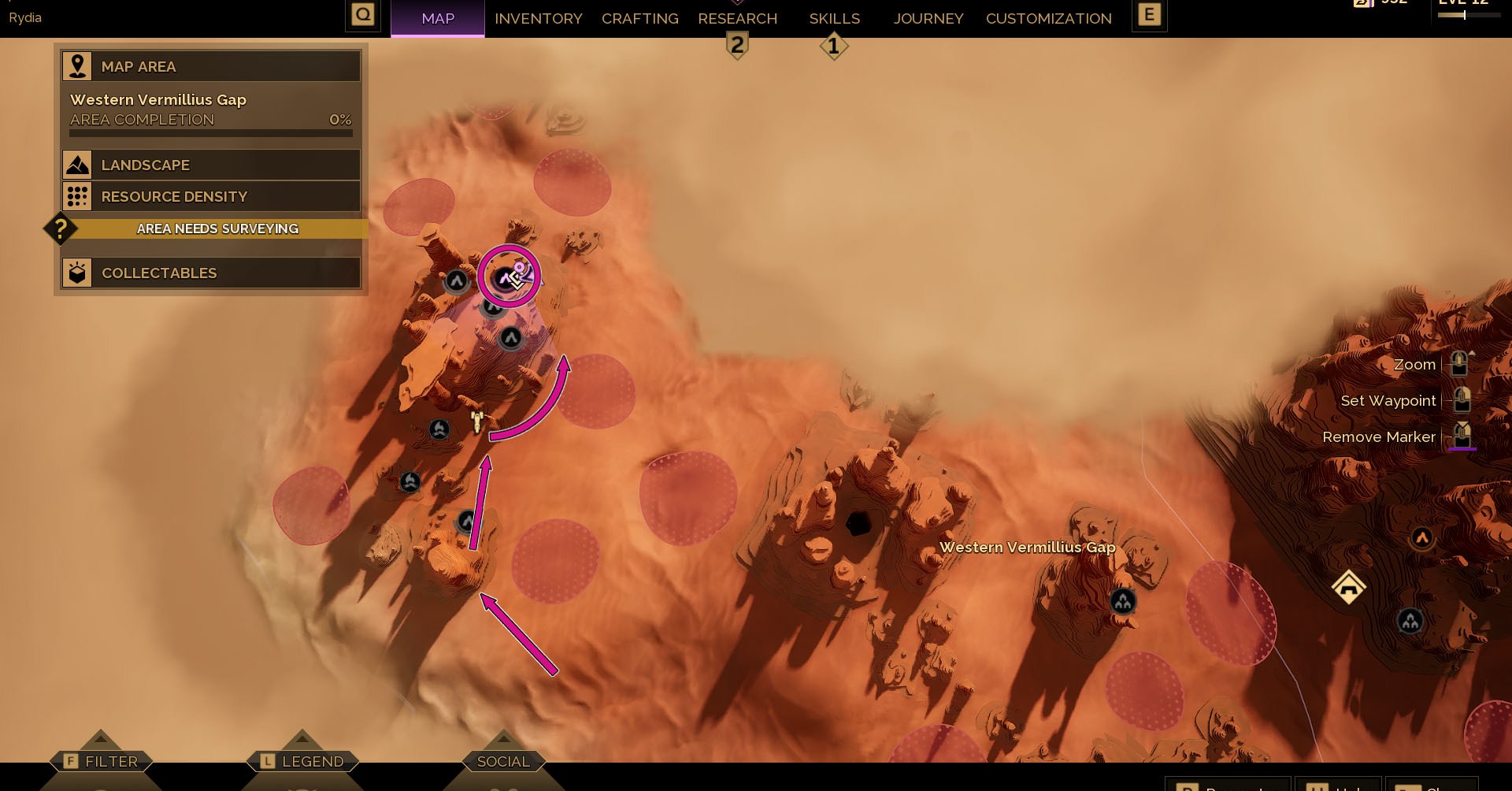 A Dune: Awakening screenshot showing the map of the the Western Vermillious Gap and where the third Trial of Aql is located.