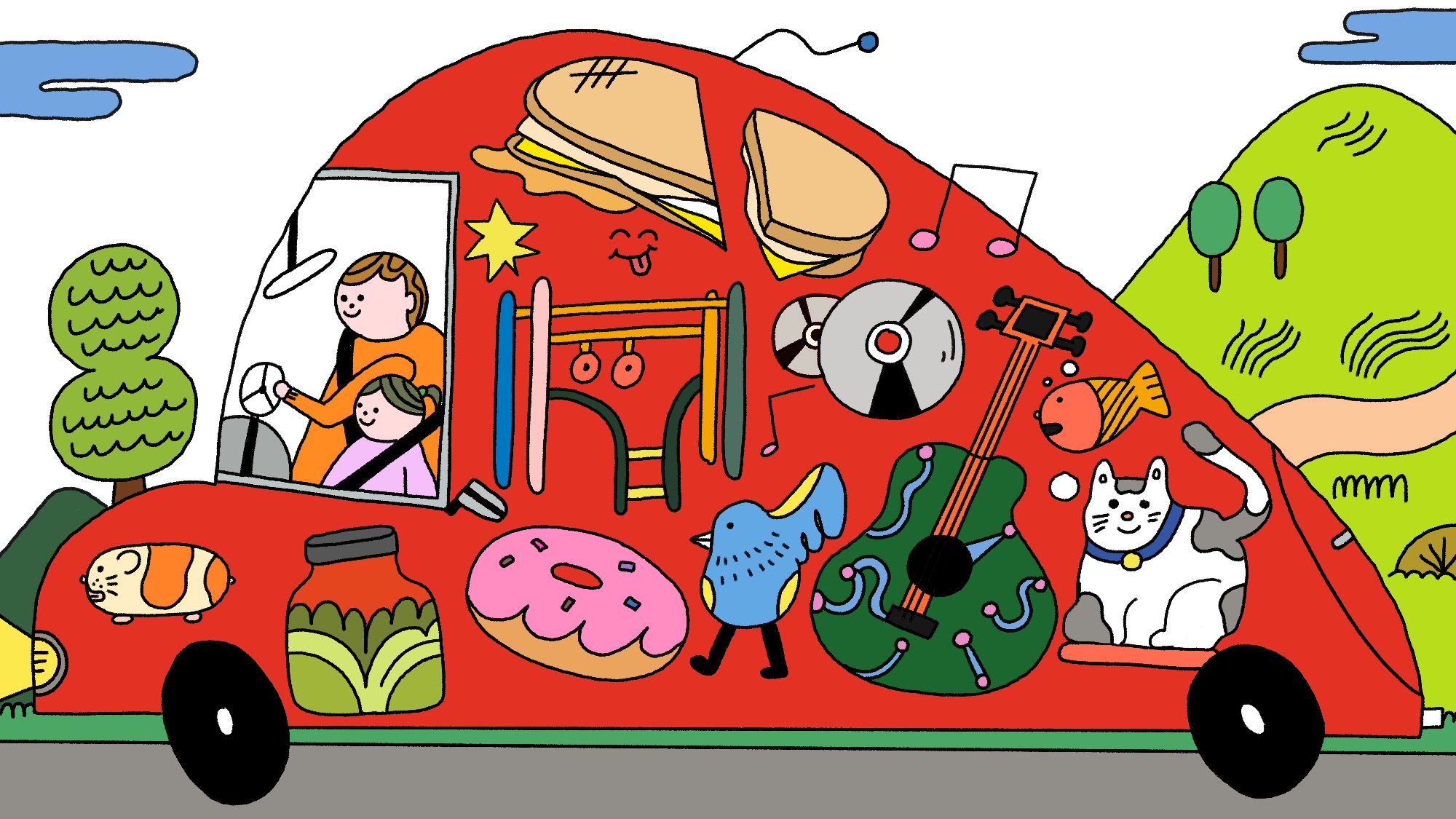 An illustration of a dad and his daughter inside a car