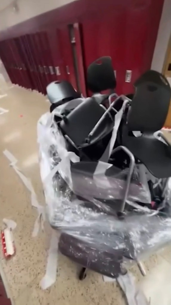 Chairs wrapped in plastic after a senior prank.