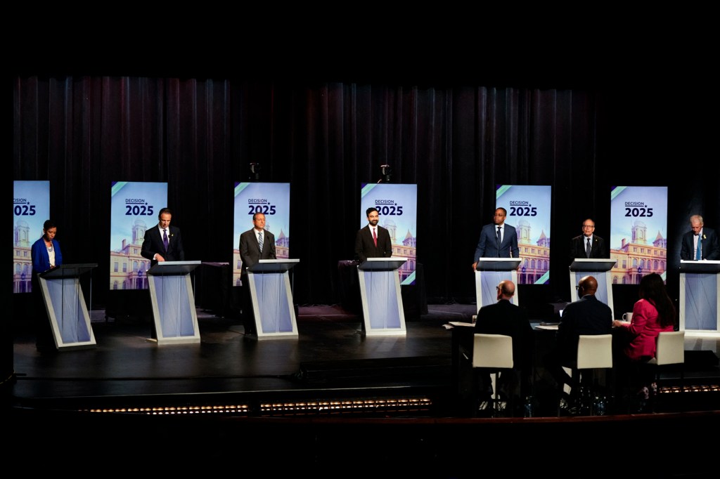 Seven Democratic mayoral candidates at a New York City debate.