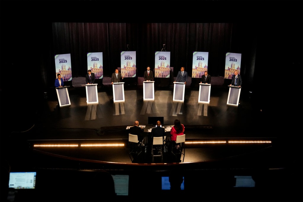 Seven candidates at a New York City mayoral debate.