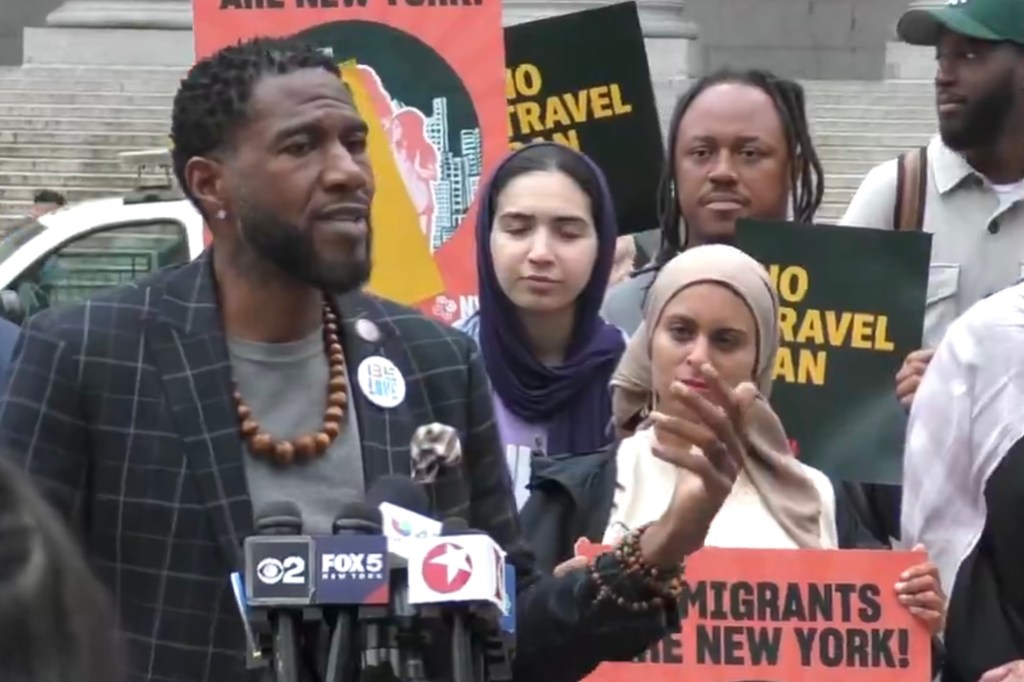 Jumaane Williams speaking at a NYC protest against Trump's travel ban.