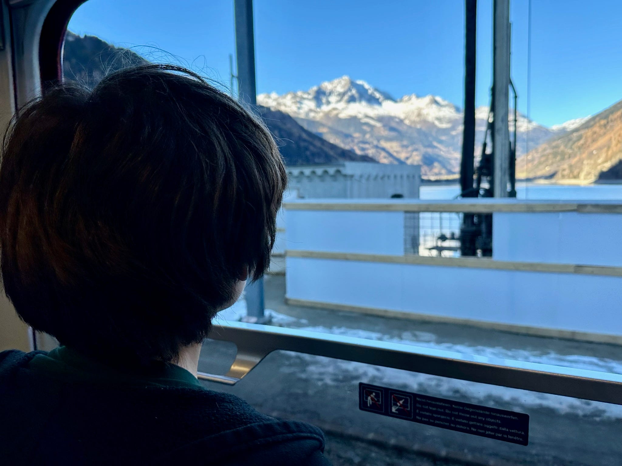 Boy looking out of large window