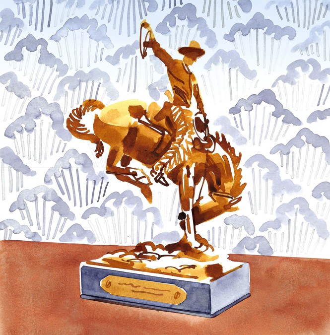 illustration of trophy-like statue of cowboy holding lasso on bucking horse with patterned wallpaper behind it