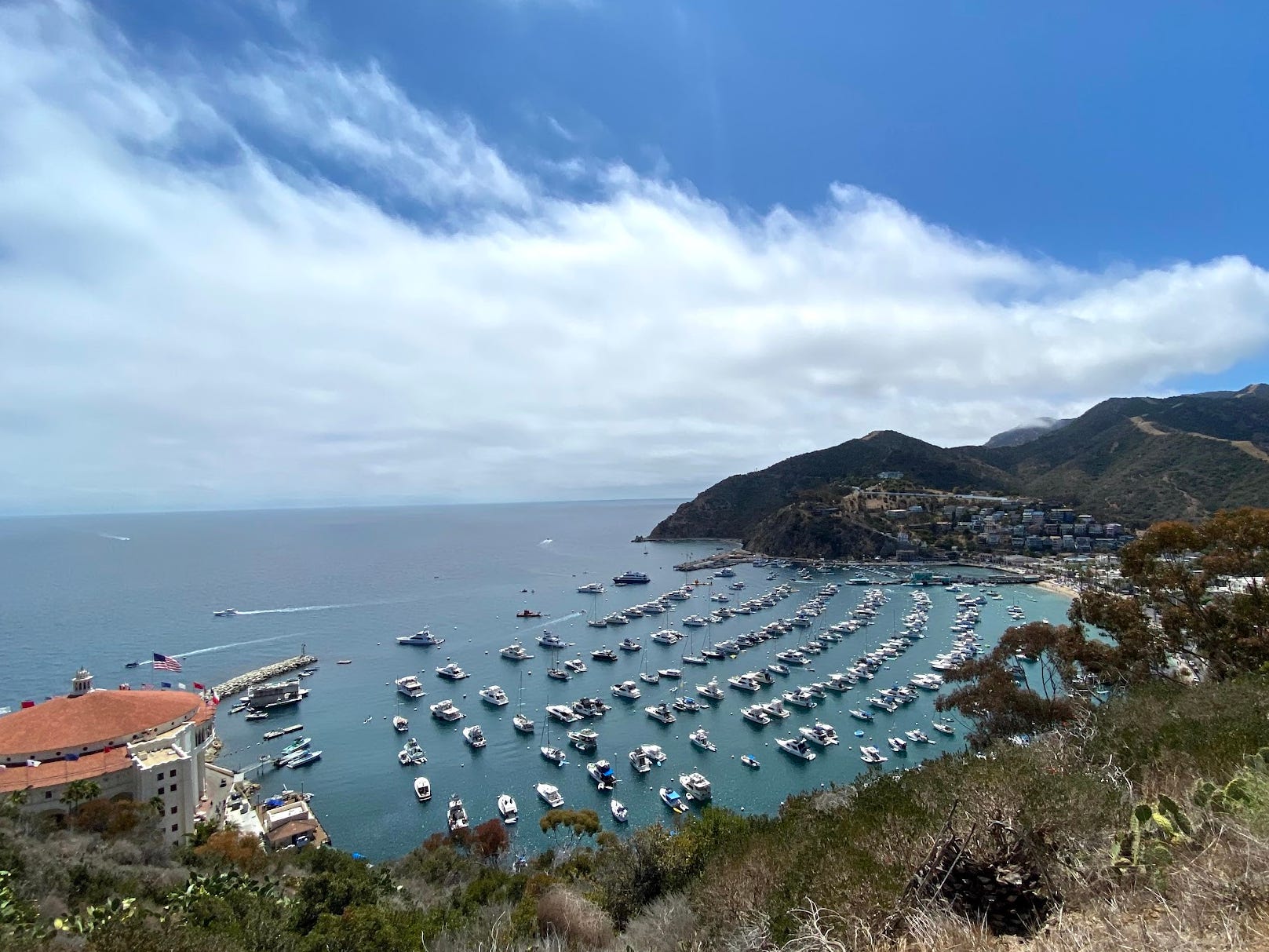 Overhead view of Catalina Island with numerous boats docked along the shoreline.