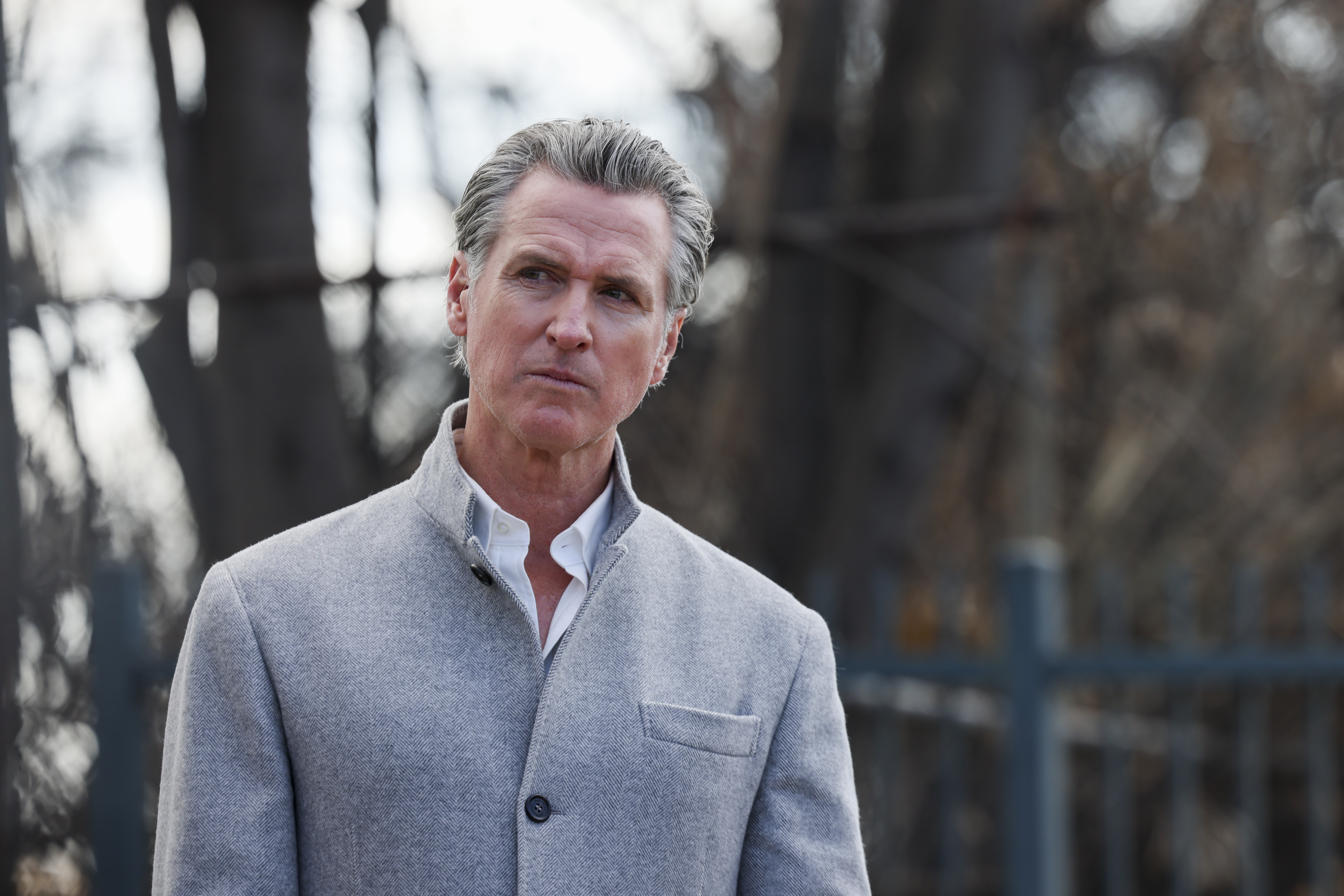 Altadena, CA - February 11: Governor Gavin Newsom attends a press conference at Odyssey Charter School as work begins to remove debris from the Eaton Fire in Altadena, CA. (Juliana Yamada / Los Angeles Times via Getty Images)