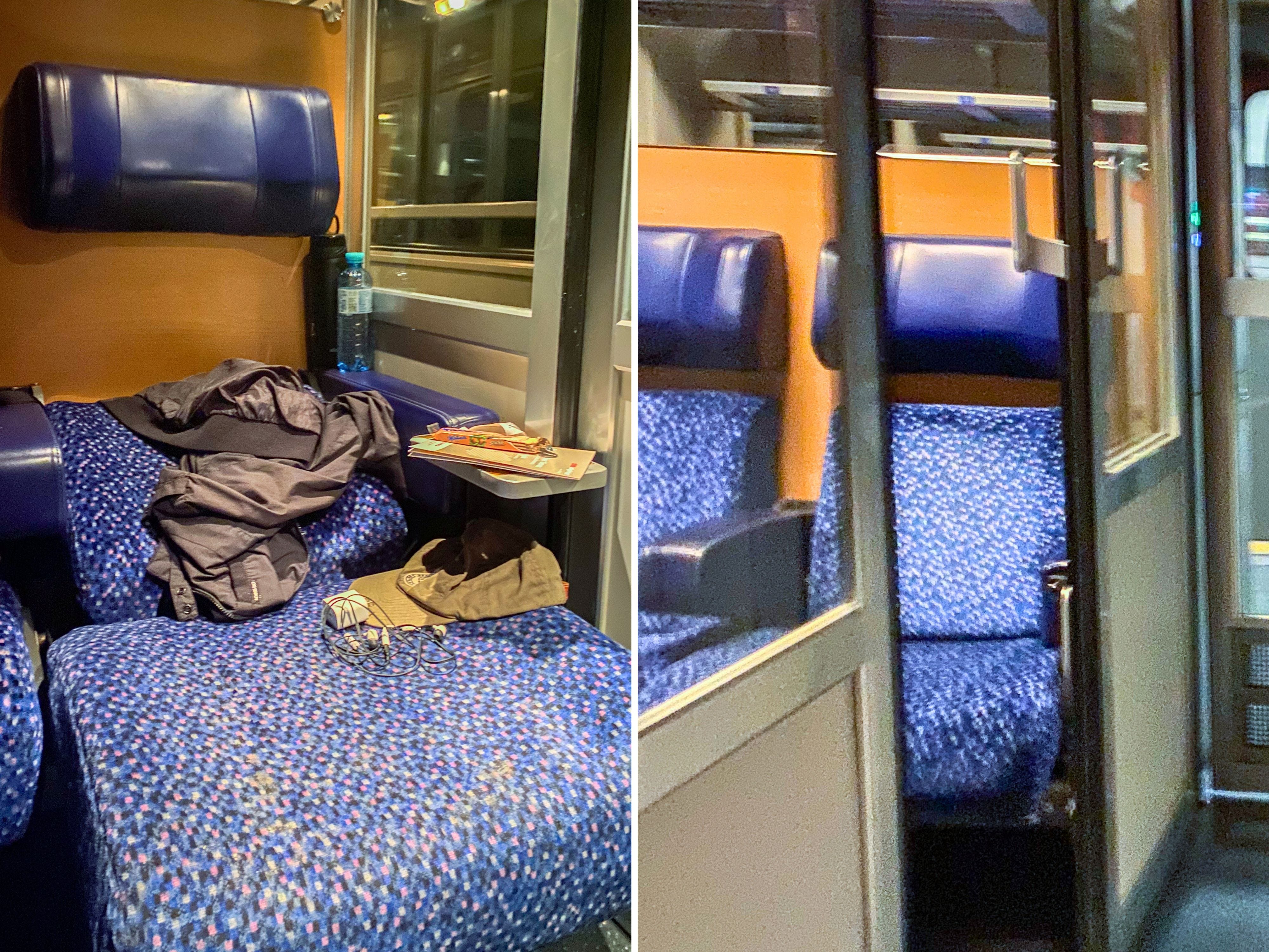 A compsite image of a plush, blue train seat partially reclined with a detached head rest connected to the wooden wall behind it and a blue chair on the right in a room with an open door. Seat is upright.