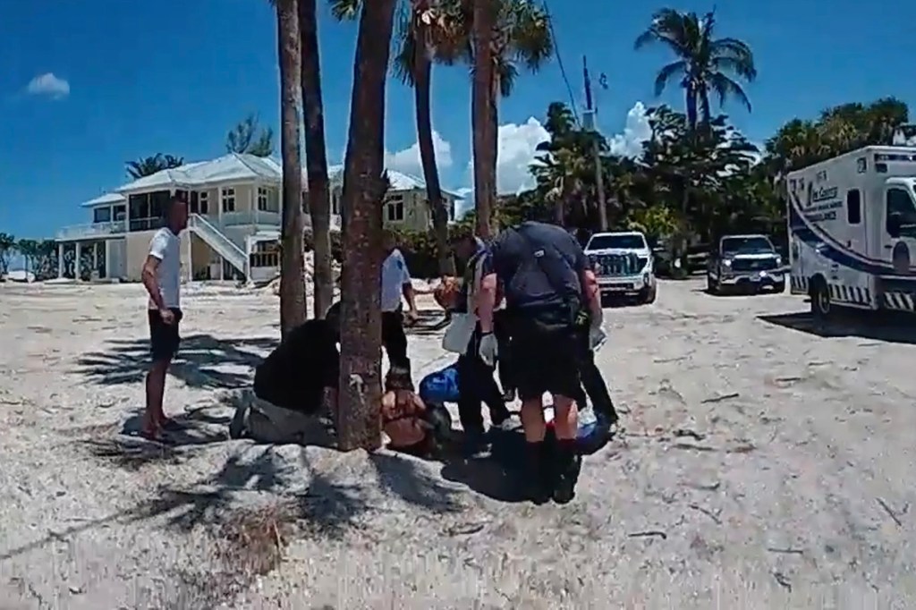 First responders attending to a child on a beach after a shark attack.