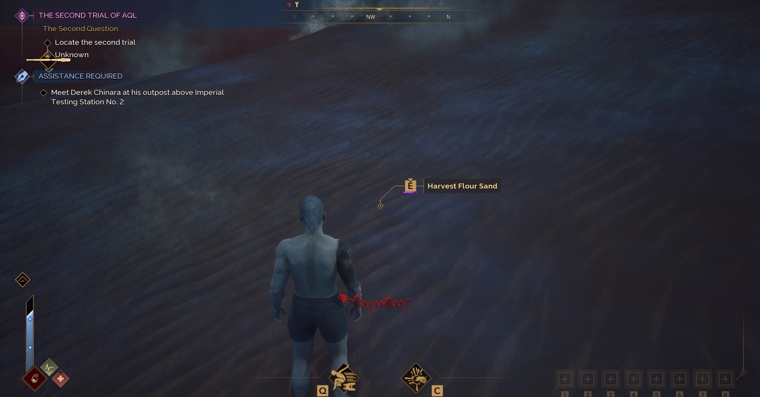 A lone Dune Awakening player gathering Flour Sand