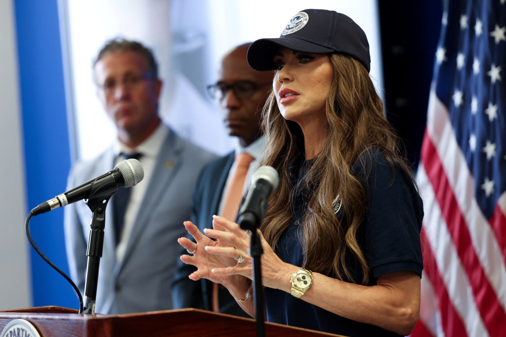 Kristi Noem at a press conference in Los Angeles.