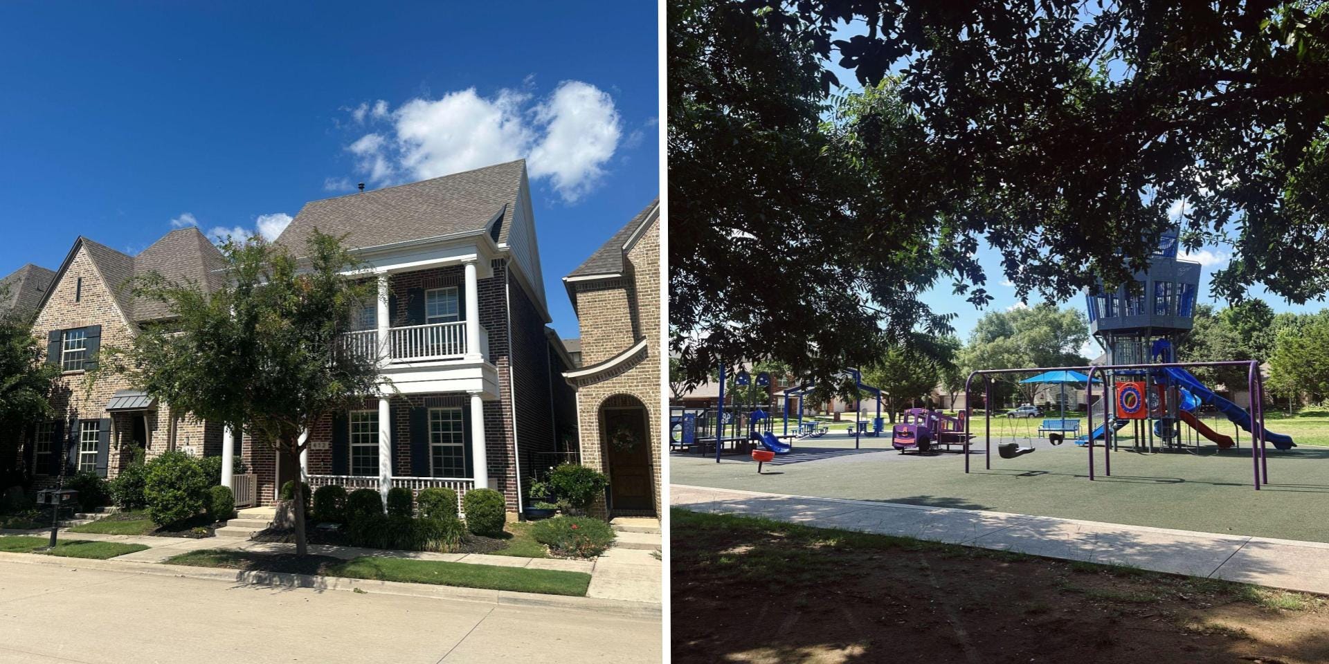 Two side-by-side pictures of a neighborhood in Flower Mound and its local park.