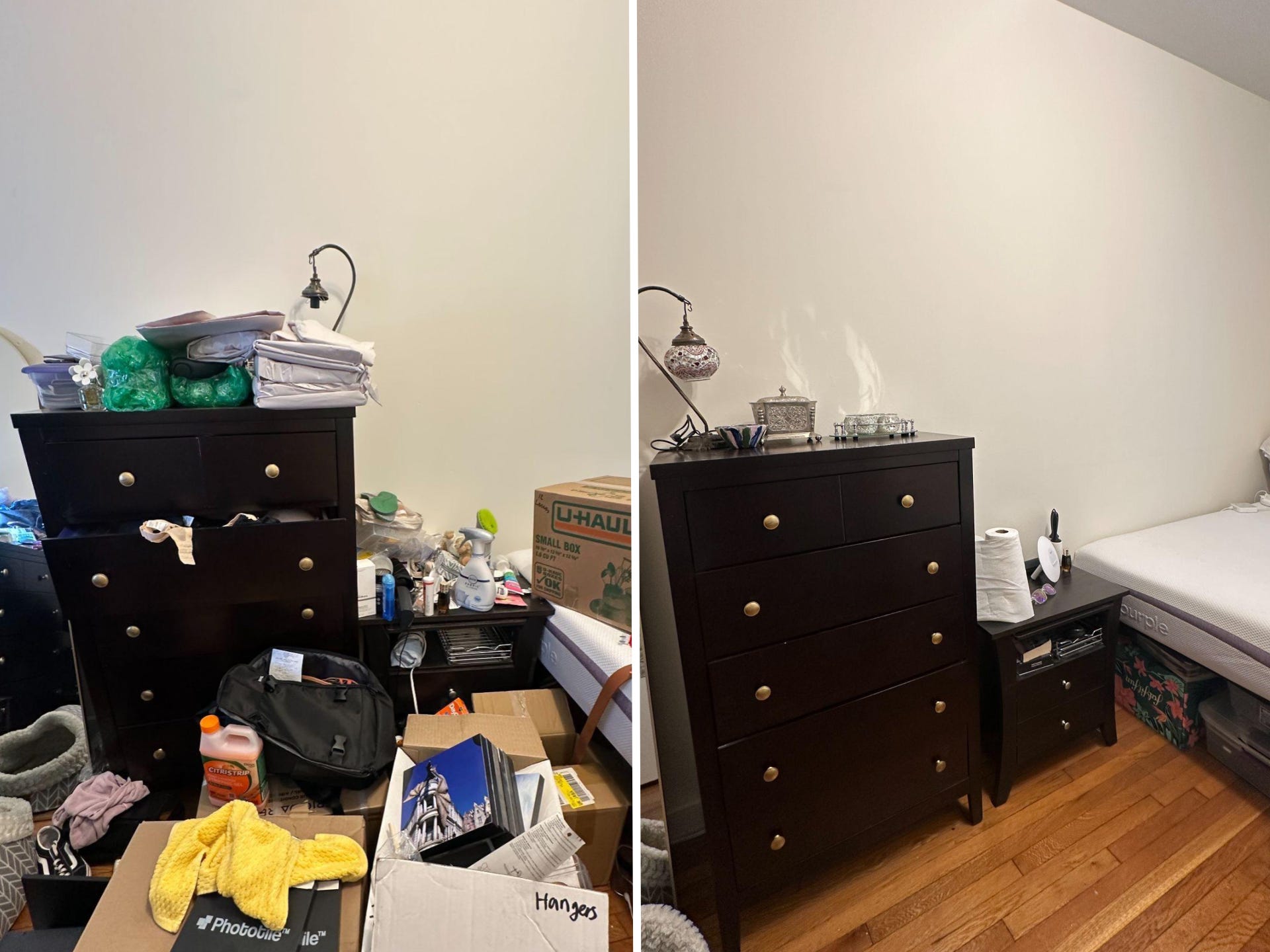Split image of cluttered space on left and cleared space on the right.