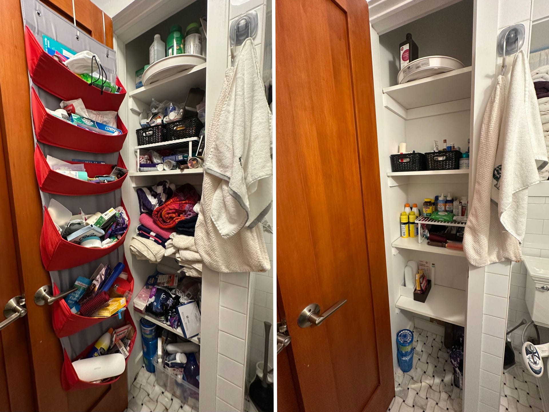 A cluttered closet versus an organized closet.
