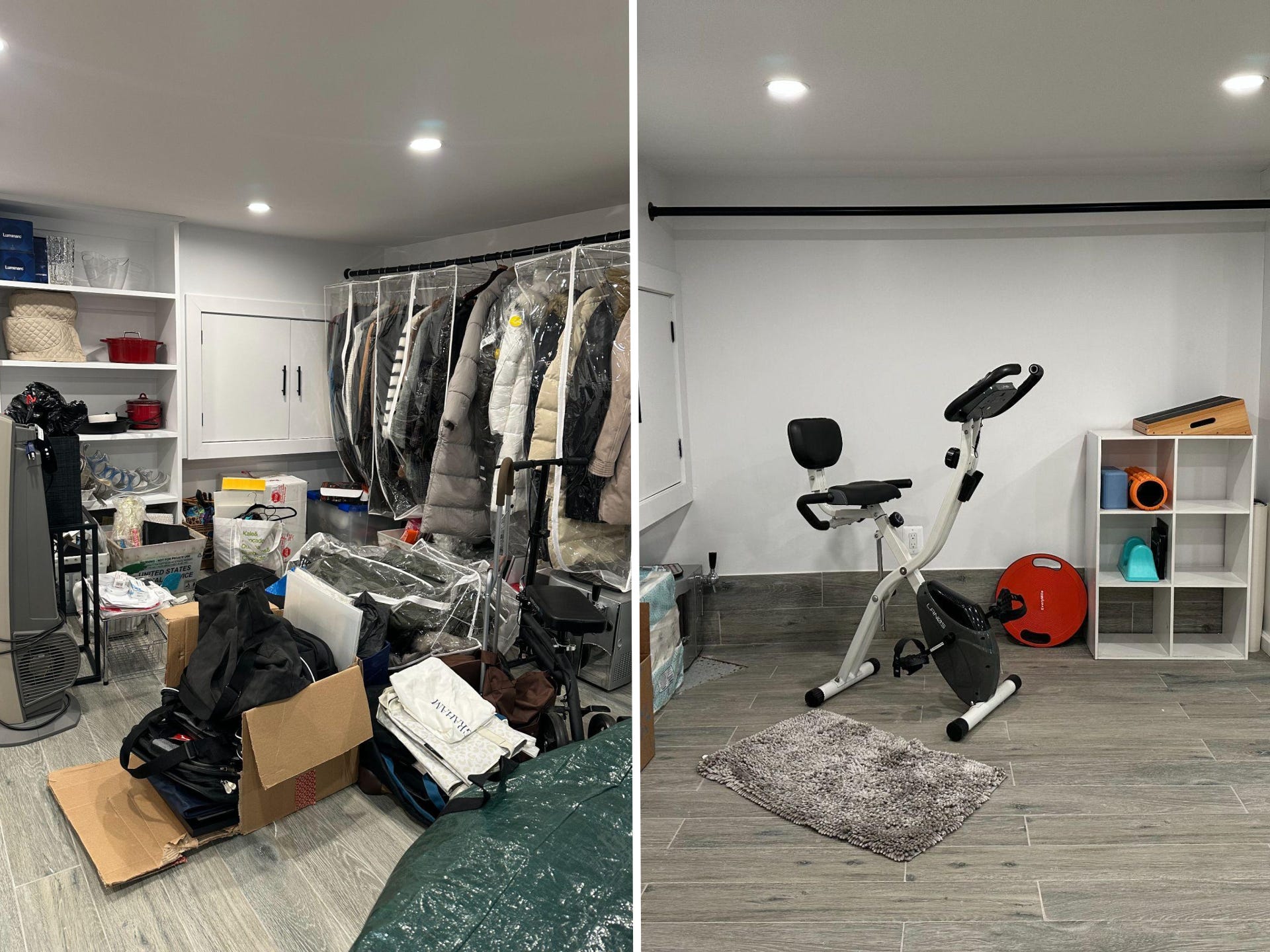 A cluttered space on the left and a cleared space on the right.