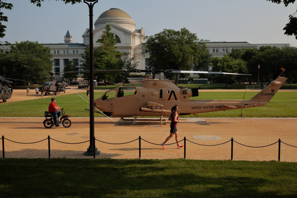 A Bell AH-1 Cobra attack helicopter on display on the National Mall in Washington, D.C.