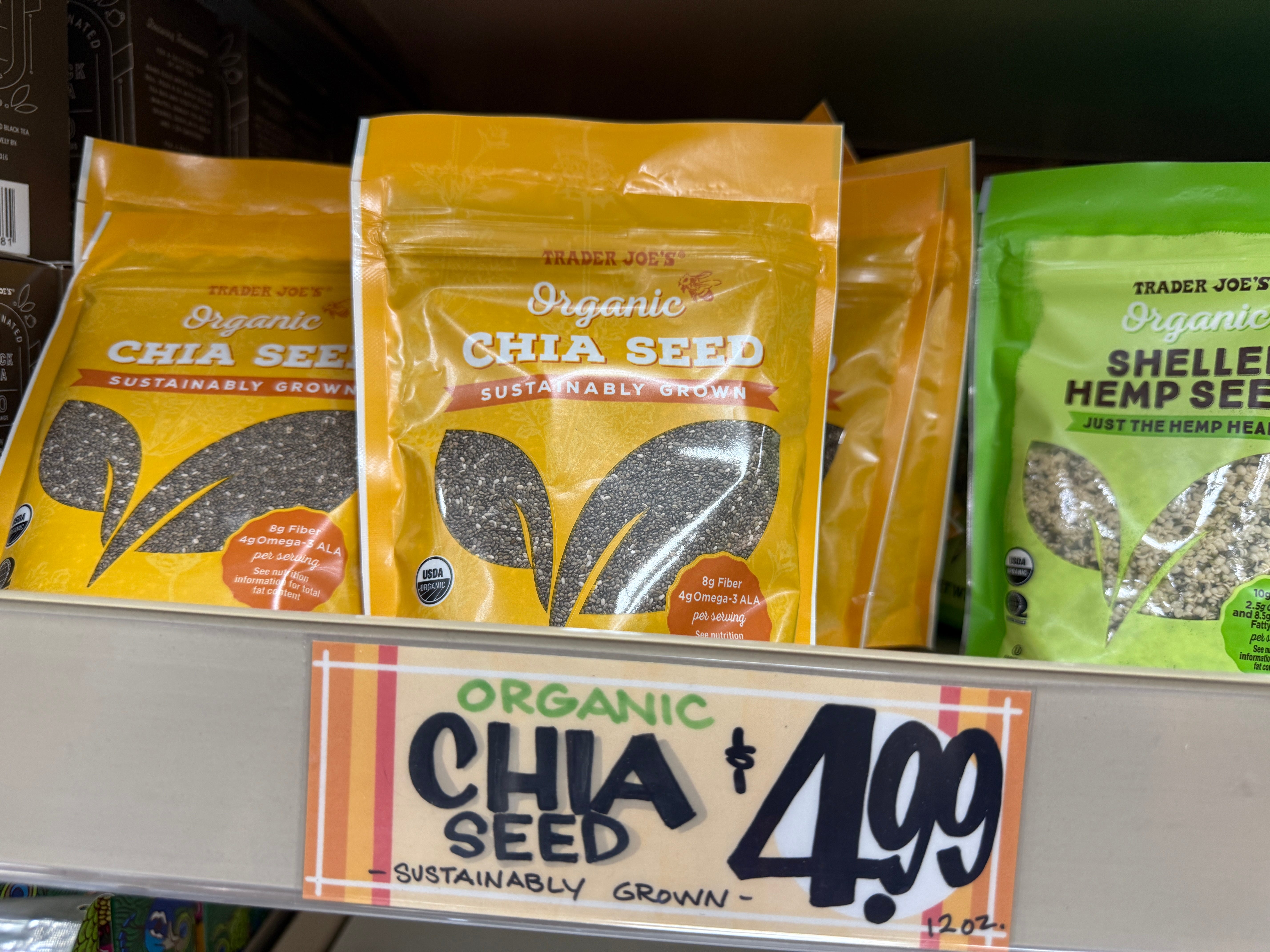 Packages of organic chia seeds at Trader Joe's.